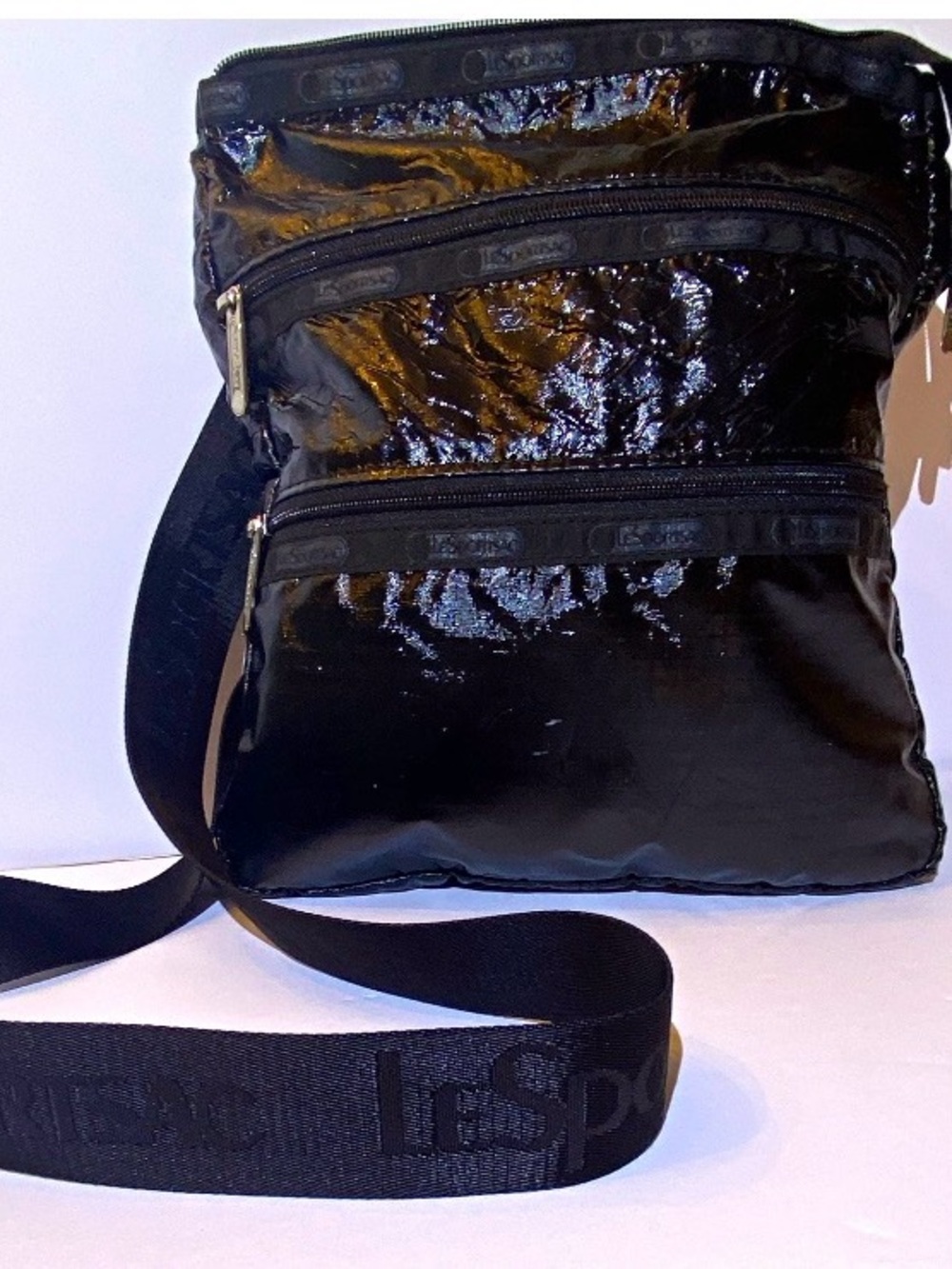 Lesportsac Black Patent Crossbody Messenger Bag